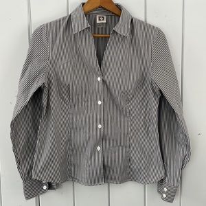 Anne Klein Women’s Pinstripe Blouse Structured Grey/White Size Small Non-Iron